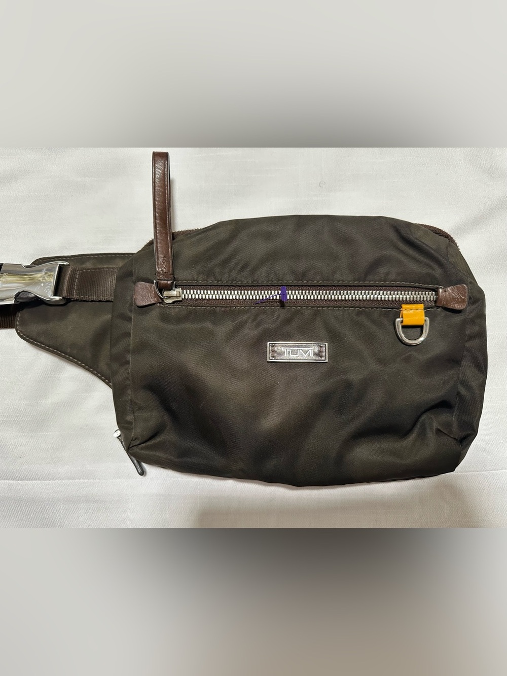 Tumi Black Nylon Crossbody Waist Bag with Brown Leather Trim